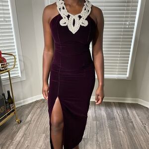 Jessica McClintock Gunn Sax Vintage Velvet and Pearl Thigh Split Evening Gown